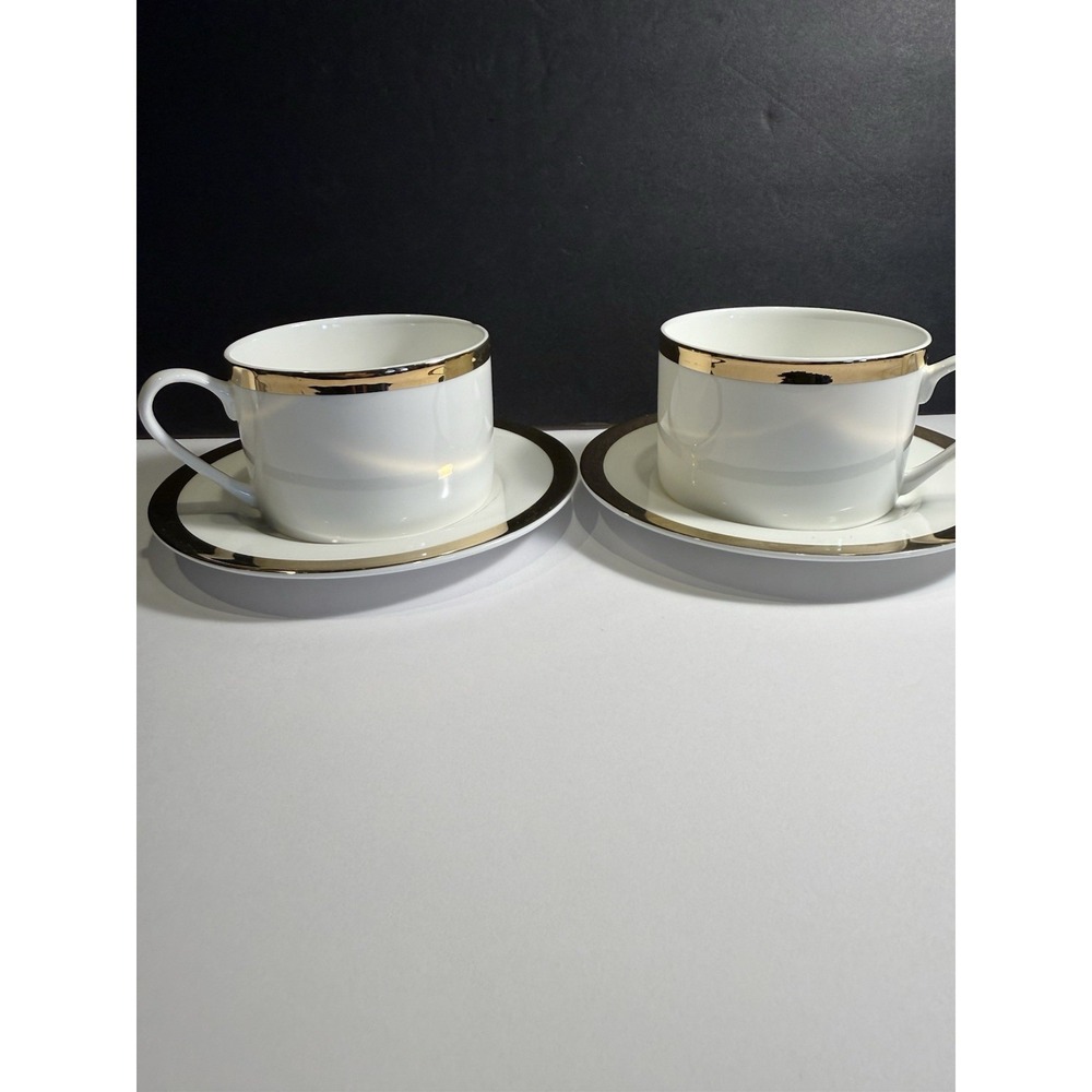 Fitz & Floyd Nevaeh White Cup and Saucer Set Gold Band Bone China Pair